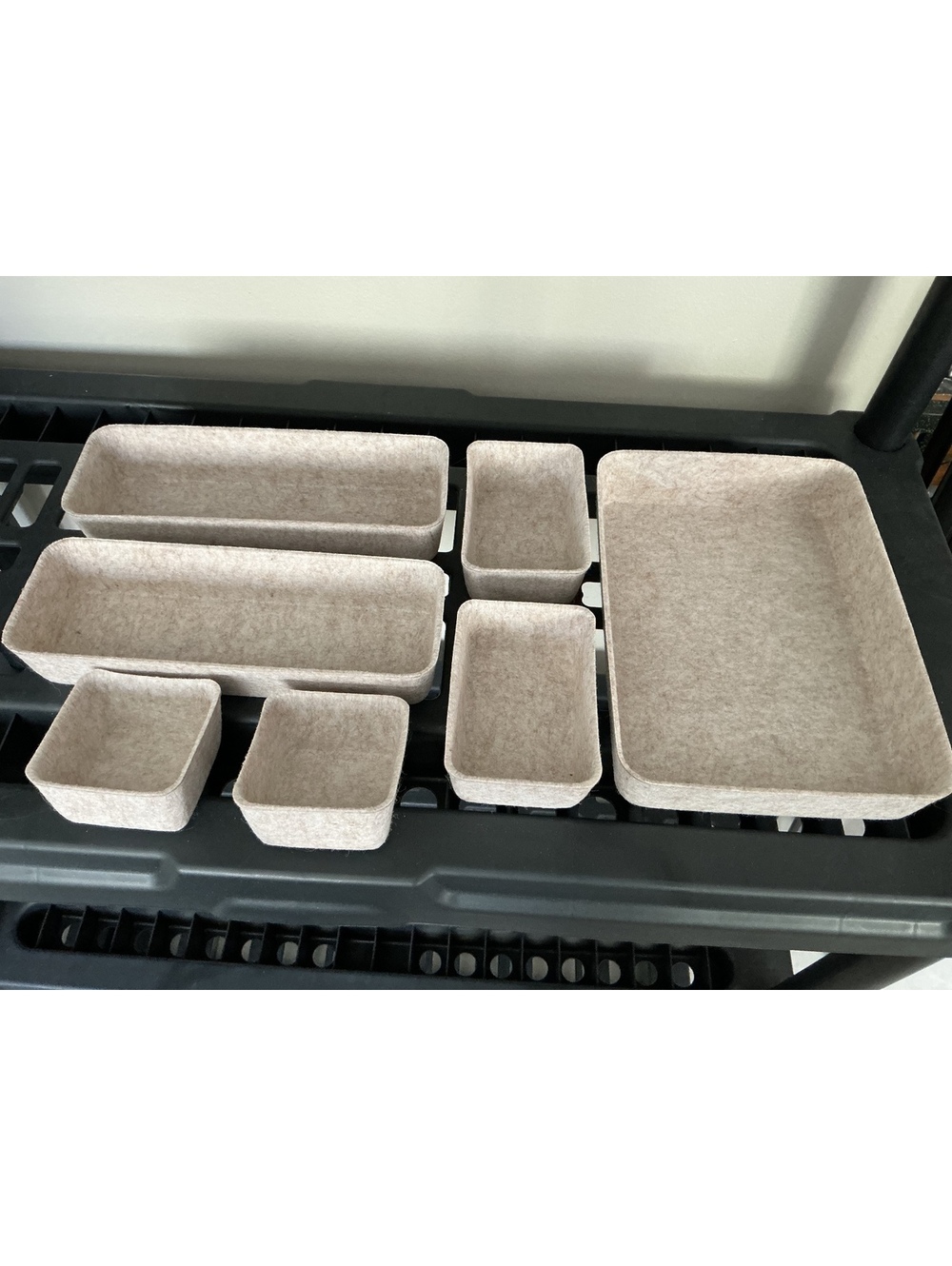 Set of 7 Beige Felt Organizer Bins in Various Sizes for Drawer and Desk Storage